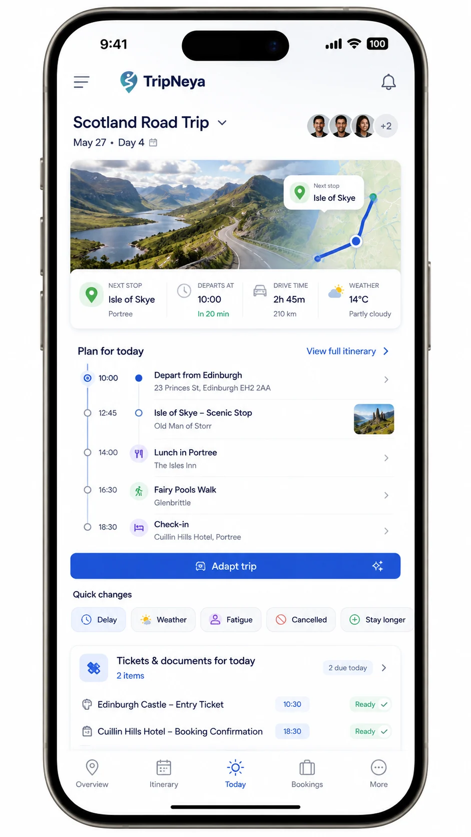 Aperçu du mode Aujourd’hui dans l’application TripNeya